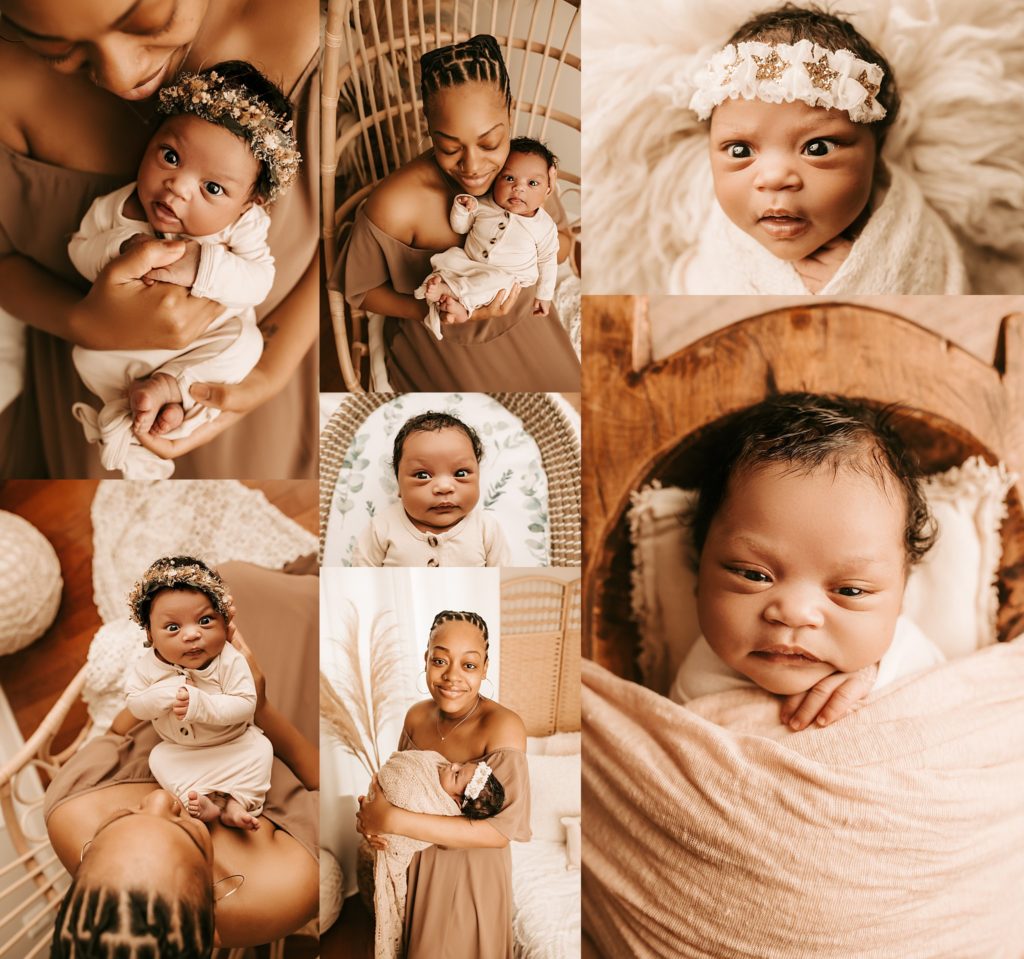 photos of wide awake newborn by herself and with mom holding her at Karen Waits Photography